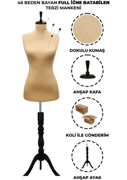 46 Beden Özel Jardonlu Ten Rengi Kumaş Iğne Batabilen Terzi Mankeni Prova Mankeni