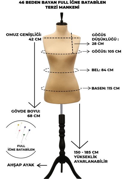 46 Beden Özel Jardonlu Ten Rengi Kumaş Iğne Batabilen Terzi Mankeni Prova Mankeni fiyatları