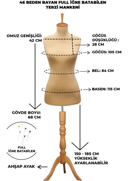 46 Beden Özel Jardonlu Ten Rengi Kumaş Iğne Batabilen Terzi Mankeni Prova Mankeni modelleri
