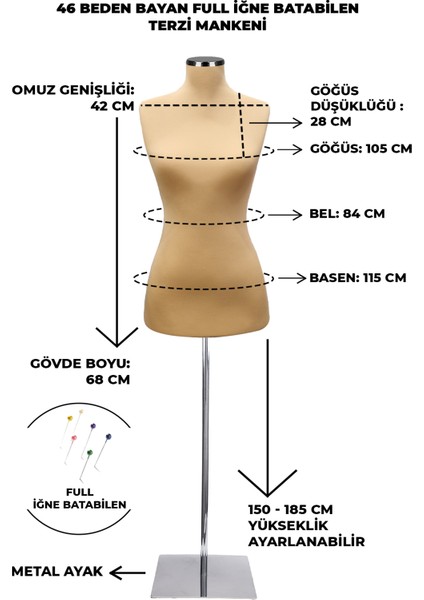 46 Beden Özel Jardonlu Ten Rengi Kumaş Iğne Batabilen Terzi Mankeni Prova Mankeni fiyatları