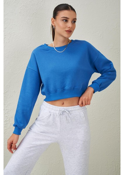 Tena Moda Kadın Mavi Bisiklet Yaka Üç Iplik Oversize Crop Sweatshirt