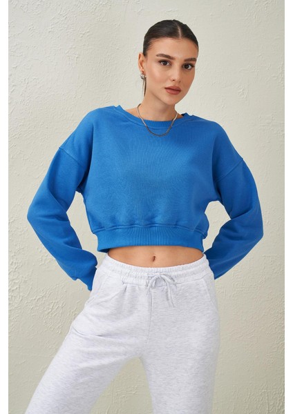 Tena Moda Kadın Mavi Bisiklet Yaka Üç Iplik Oversize Crop Sweatshirt