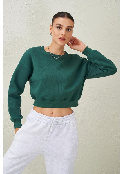 Tena Moda Kadın Nefti Bisiklet Yaka Üç Iplik Oversize Crop Sweatshirt