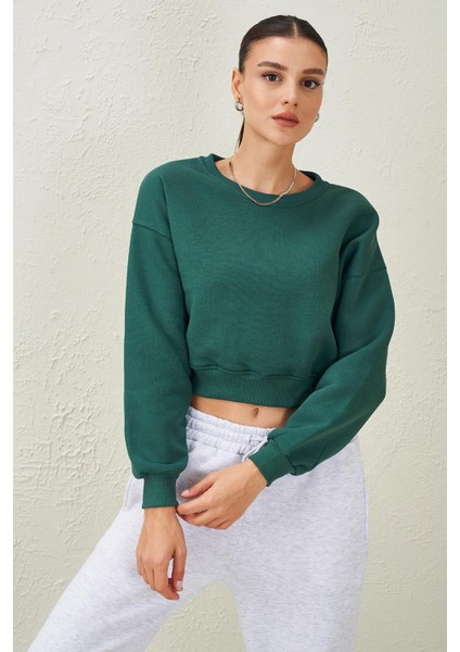 Tena Moda Kadın Nefti Bisiklet Yaka Üç Iplik Oversize Crop Sweatshirt