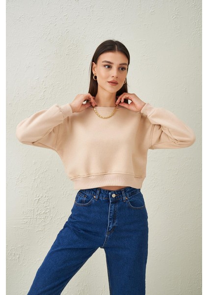 Tena Moda Kadın Taş Bisiklet Yaka Üç Iplik Oversize Crop Sweatshirt