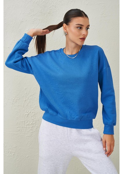 Tena Moda Kadın Mavi Bisiklet Yaka Üç Iplik Basic Sweatshirt