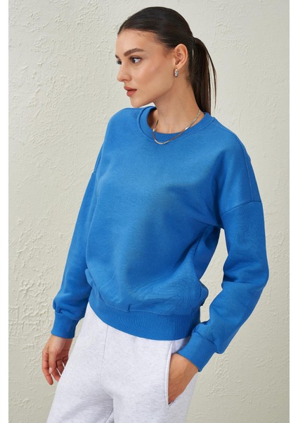 Tena Moda Kadın Mavi Bisiklet Yaka Üç Iplik Basic Sweatshirt