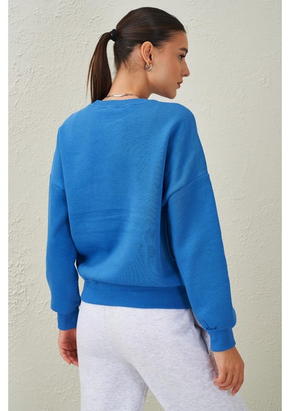 Tena Moda Kadın Mavi Bisiklet Yaka Üç Iplik Basic Sweatshirt