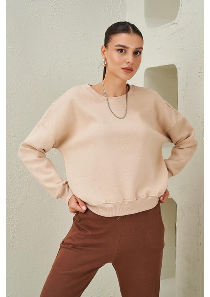 Tena Moda Kadın Taş Bisiklet Yaka Üç Iplik Basic Sweatshirt
