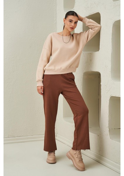 Tena Moda Kadın Taş Bisiklet Yaka Üç Iplik Basic Sweatshirt