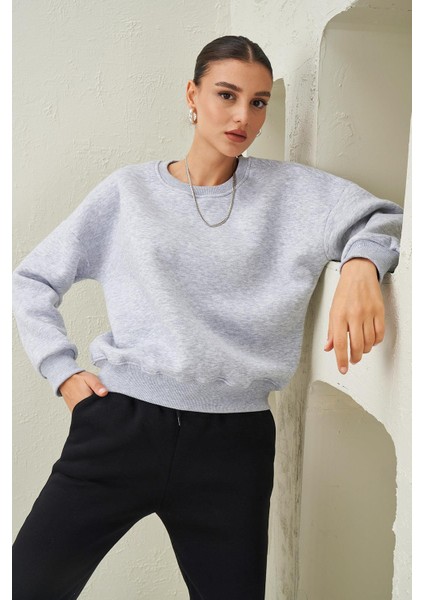 Tena Moda Kadın Kar Melanj Bisiklet Yaka Üç Iplik Basic Sweatshirt