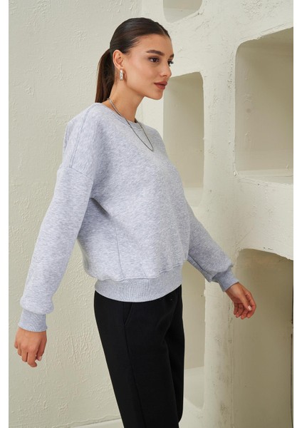 Tena Moda Kadın Kar Melanj Bisiklet Yaka Üç Iplik Basic Sweatshirt