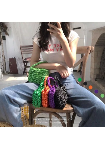 Mor 2021 Kadın Yaz Moda Örgü Küçük Dokuma Tığ Çanta Ipek Dokuma Saten Kurdele Yeşil Mor Turuncu Clutchesmini Çanta (Yurt Dışından) modelleri