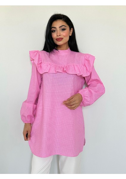 Küçüğüm Butik Pembe Puantiyeli Fırfırlı Uzun Poplin Tunik