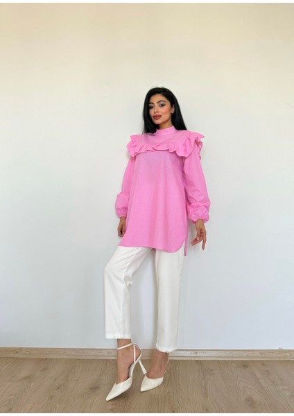 Küçüğüm Butik Pembe Puantiyeli Fırfırlı Uzun Poplin Tunik