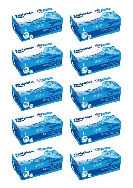 Dolphin Mavi Nitril Eldiven Pudrasız (L) 100LÜ Paket 10 Adet