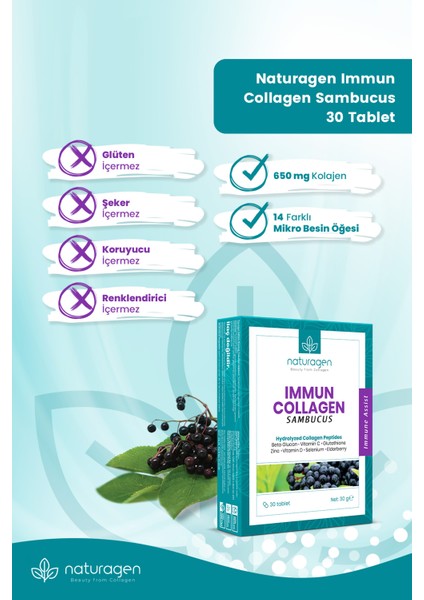 Immun Sambucus (Karamürver),Collagen,Beta Glukan,Vitamin A-B6-B12-C-D-E,Selenyum,Çinko 30'lu Tablet