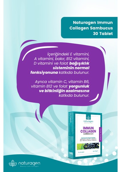 Immun Sambucus (Karamürver),Collagen,Beta Glukan,Vitamin A-B6-B12-C-D-E,Selenyum,Çinko 30'lu Tablet