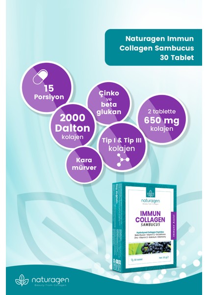 Immun Sambucus (Karamürver),Collagen,Beta Glukan,Vitamin A-B6-B12-C-D-E,Selenyum,Çinko 30'lu Tablet