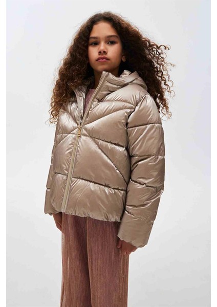 Kışlık Kız Kapşonlu Anorak Mont Krem