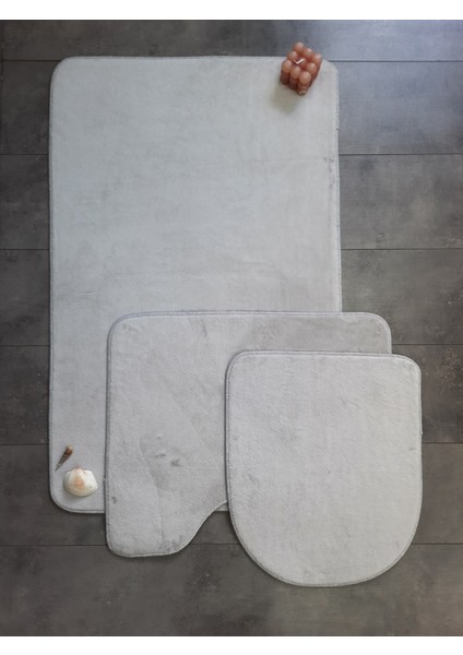 Ultrasoft Gümüş Gri 3’lü Düz Banyo ve Klozet Paspas Takımı Kaymaz Tabanlı Yıkanabilir