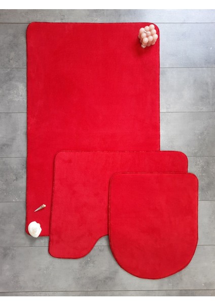 Ultrasoft Düz Kırmızı 3’lü Banyo Halısı Paspası Seti Kaymaz Deri Tabanlı Yıkanabilir Klozet Takımı