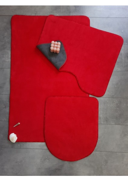 Ultrasoft Düz Kırmızı 3’lü Banyo Halısı Paspası Seti Kaymaz Deri Tabanlı Yıkanabilir Klozet Takımı fiyatları