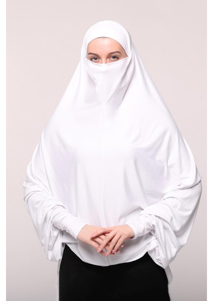 Kollu Sufle Çarşaf Üstü Peçeli Pratik Tesettür Hijab - Nikaplı Namaz Örtüsü - Beyaz