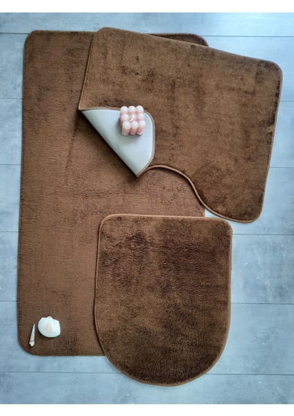 Ultrasoft Düz Kahve 3’lü Banyo Halısı Paspası Seti Kaymaz Deri Tabanlı Yıkanabilir Klozet Takımı