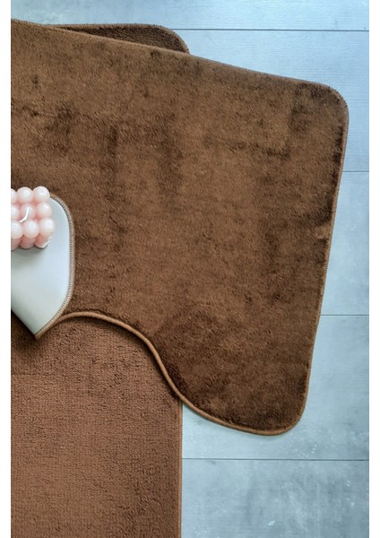 Ultrasoft Düz Kahve 3’lü Banyo Halısı Paspası Seti Kaymaz Deri Tabanlı Yıkanabilir Klozet Takımı modelleri