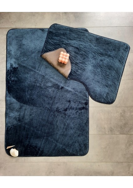 Ultrasoft Düz Lacivert 2'li Banyo Halısı Paspası Seti Kaymaz Deri Tabanlı Yıkanabilir Klozet Takımı
