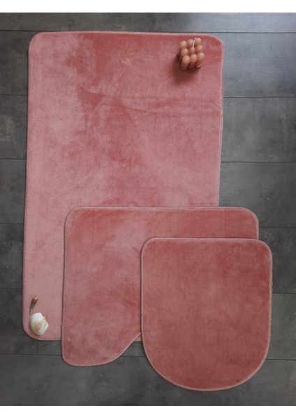 Ultrasoft Düz Pudra 3’lü Banyo Halısı Paspası Seti Kaymaz Taban Makinede Yıkanabilir Klozet Takımı
