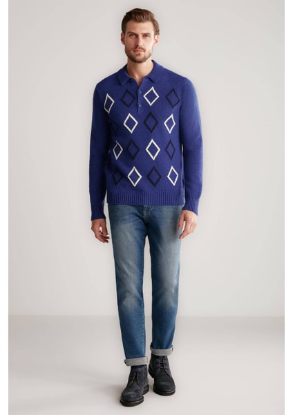 Baklava Desenli Polo Yaka Lambswool Indigo Mavi Kazak