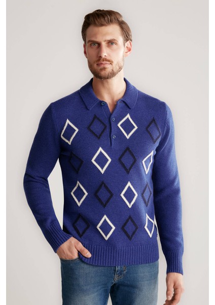 Baklava Desenli Polo Yaka Lambswool Indigo Mavi Kazak