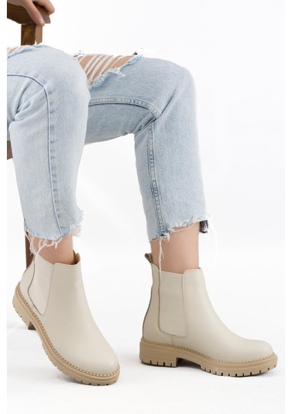 Rosalinda Yan Lastik Detaylı Deri Kadın Bot Bej fiyatları