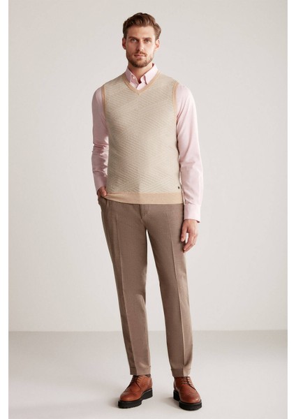 Çizgi Desenli Camel Lambswool Yün Triko Süveter