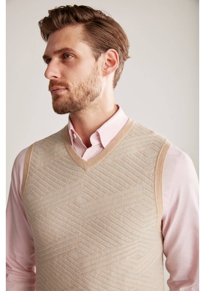 Çizgi Desenli Camel Lambswool Yün Triko Süveter fırsatları