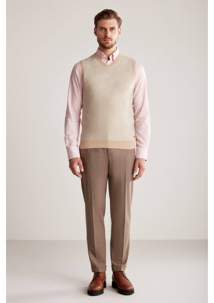 Çizgi Desenli Camel Lambswool Yün Triko Süveter indirimleri