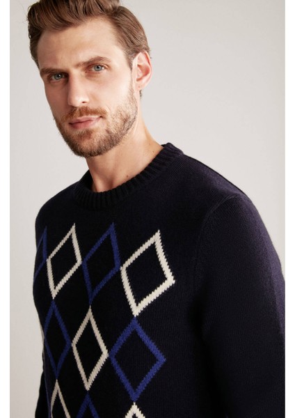 Baklava Desenli Lambswool Lacivert Kazak modelleri