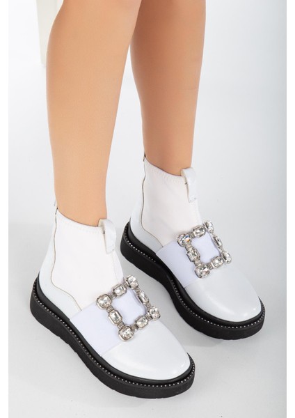 Rugan Streç Taşlı Kalın Taban Beyaz Kadın Bot fırsatları