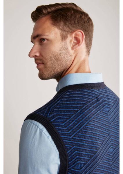 Çizgi Desenli Lacivert Lambswool Yün Triko Süveter modelleri