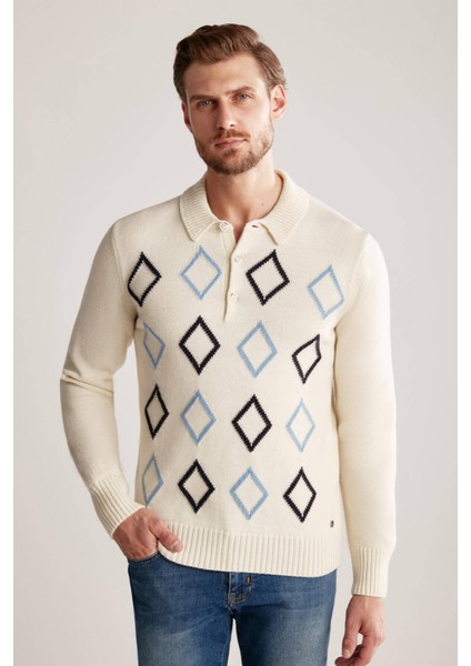 Baklava Desenli Polo Yaka Lambswool Ekru Kazak fiyatları