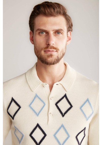 Baklava Desenli Polo Yaka Lambswool Ekru Kazak modelleri