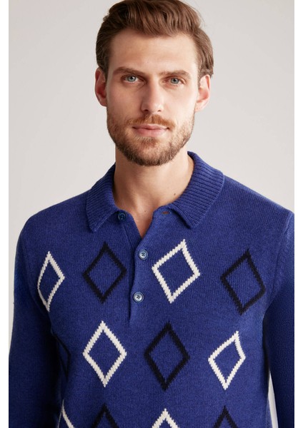 Baklava Desenli Polo Yaka Lambswool Indigo Mavi Kazak fiyatları