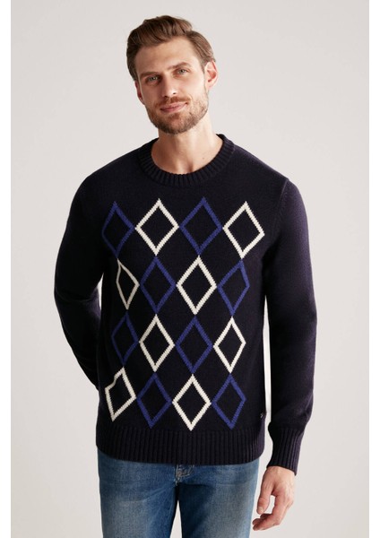 Baklava Desenli Lambswool Lacivert Kazak