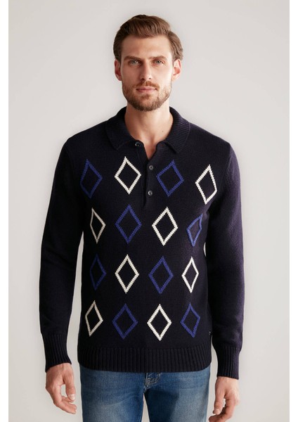 Baklava Desenli Polo Yaka Lambswool Lacivert Kazak