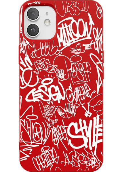 iPhone 12 Silikon Urban Grafiti Yazılı Tarz Style Kırmızı Renkli Telefon Kılıfı