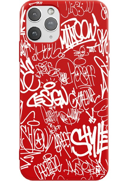 iPhone 11 Pro Max Silikon Urban Grafiti Yazılı Tarz Style Kırmızı Renkli Telefon Kılıfı