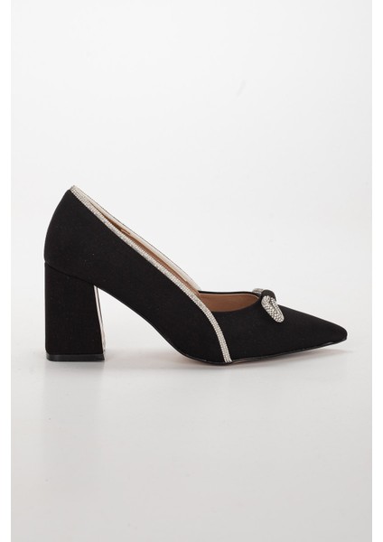 Saten Taşlı Kalın Topuk Siyah Kadın Stiletto