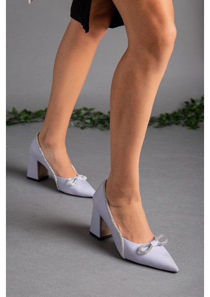 Saten Taşlı Kalın Topuk Gri Kadın Stiletto fiyatları